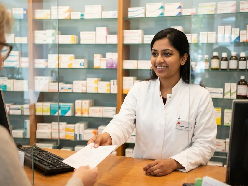 Indian pharmacist working in a German pharmacy