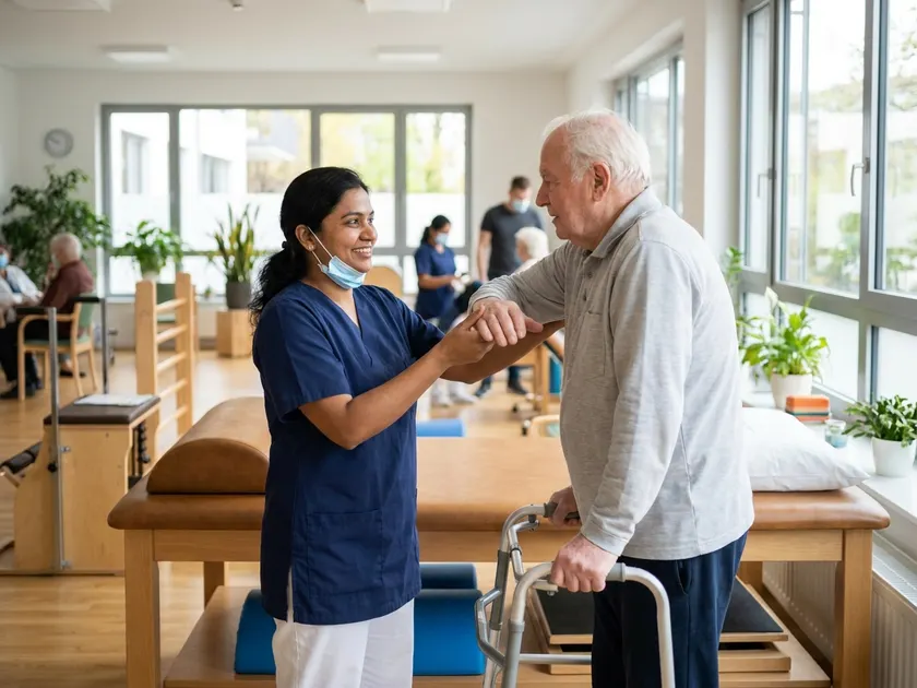Indian physiotherapist helping a patient in Germany
