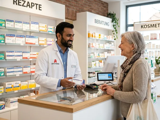 Indian pharmacist serving a customer at a German pharmacy | Namma Global Careers